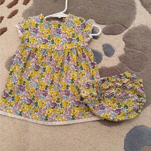 Baby Boden Yellow Pink Green Floral Dress and Diaper Cover Set